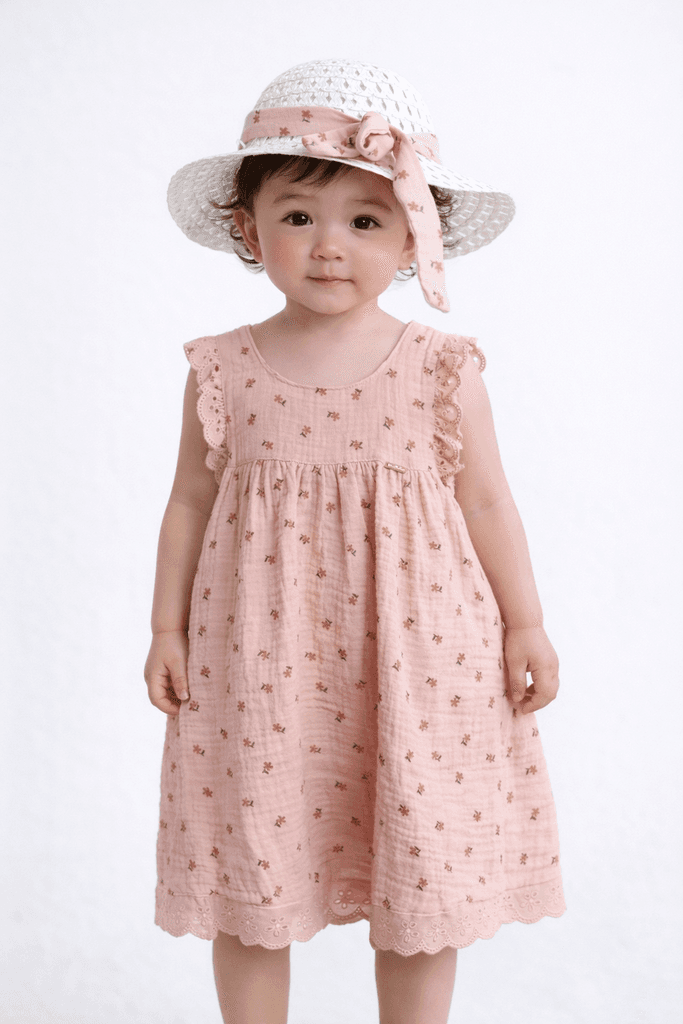 Pampal Baby Girl Cotton Dress with Hat - Light Pink (7 Years)