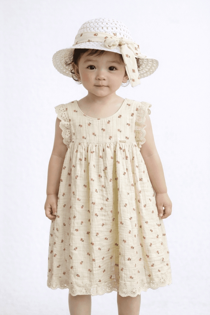 Pampal Baby Girl Cotton Dress with Hat - White (7 Years)