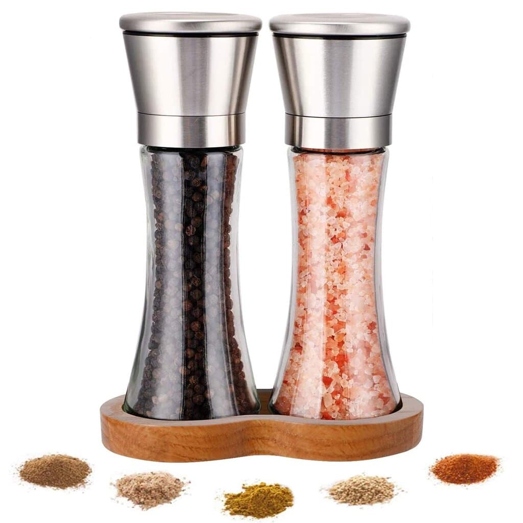 Two-Piece Salt And Pepper Mills With A Premium Wooden Tray