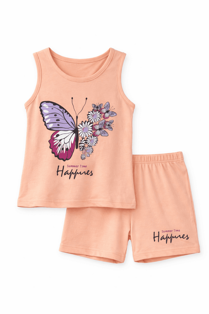 Minitix Baby Girls Cotton Top and Shorts Set - Peach (6-9 Months)