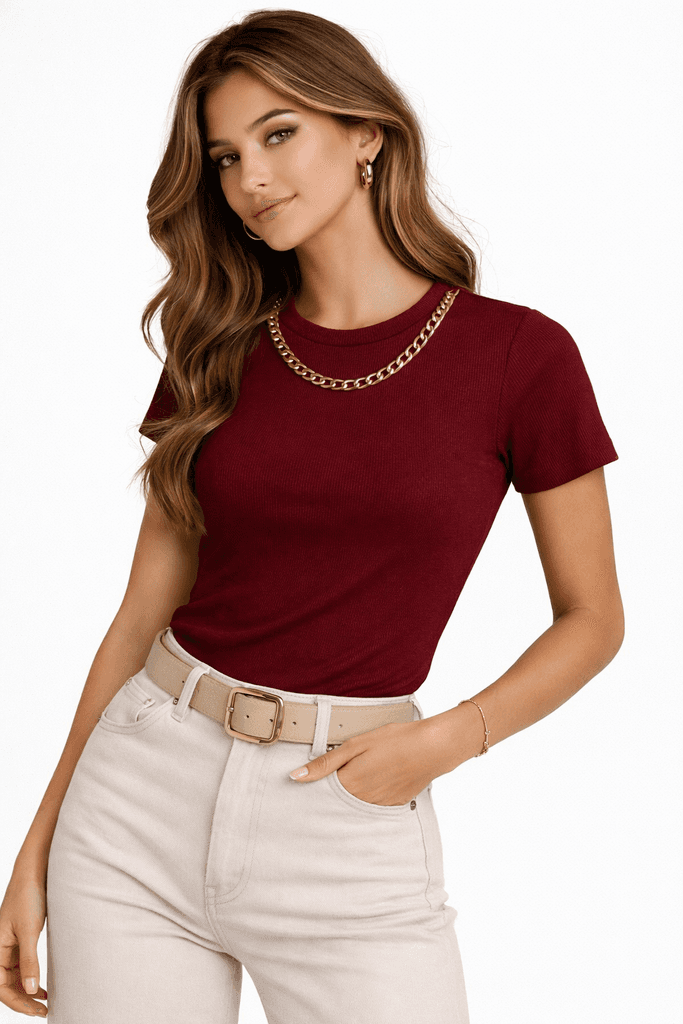 Cazibe Women's Cotton T-Shirt - Dark Red (Free Size)