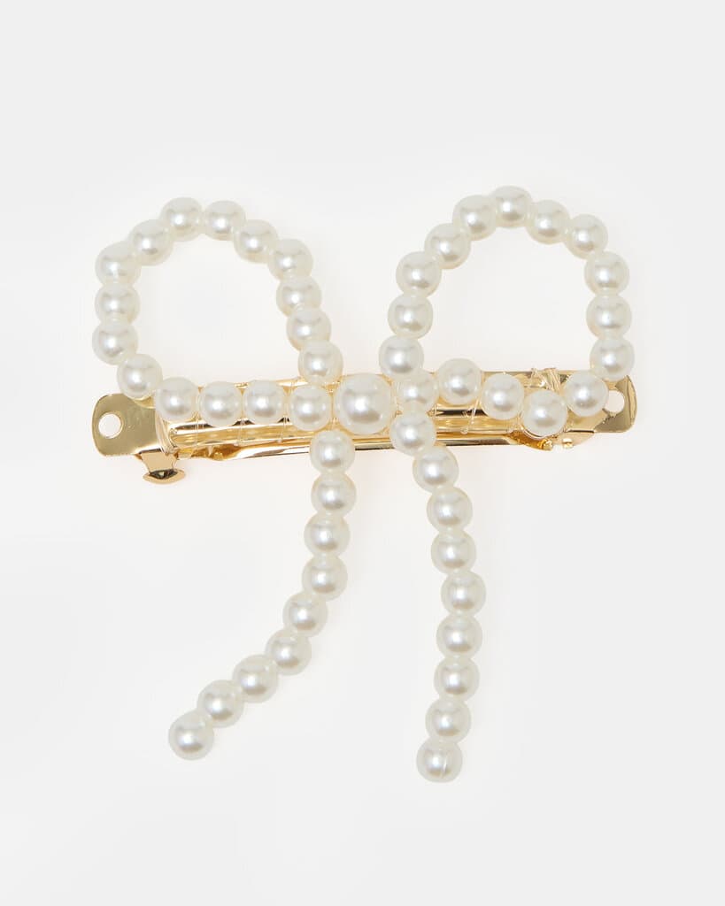 Women Pearl Bow Hair Clip - White 1