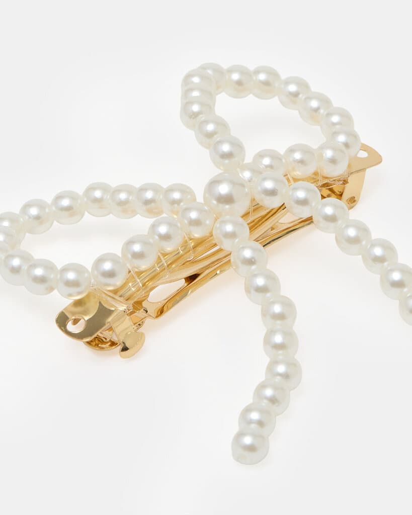 Women Pearl Bow Hair Clip - White 4