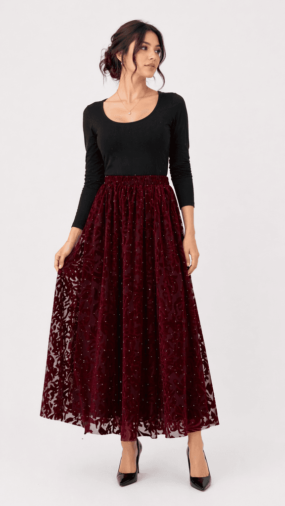 Feiruz Women's Velvet Skirt - Dark Red (Free Size) 1