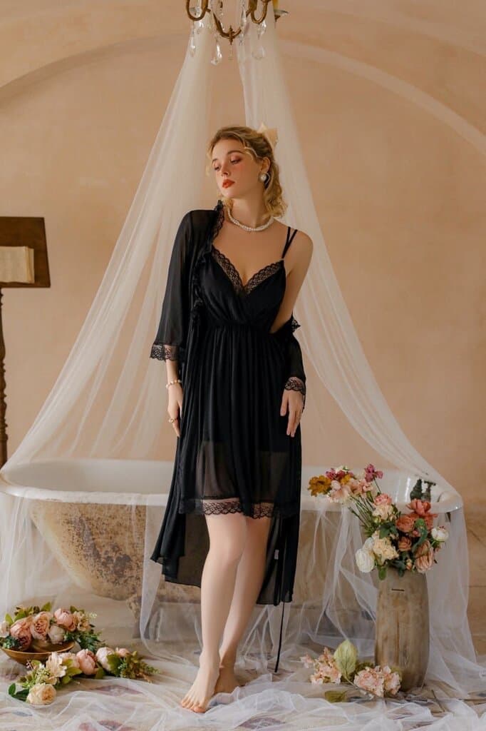 Satin Nightwear Set - Black (Free Size) 1