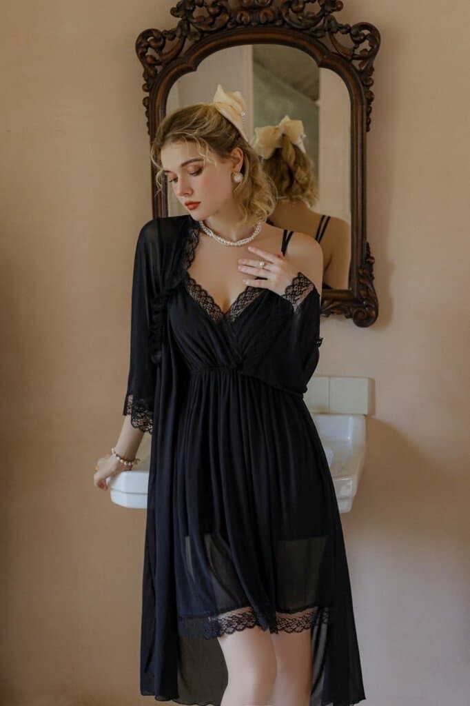 Satin Nightwear Set - Black (Free Size) 2