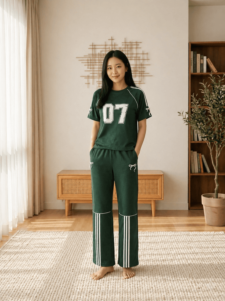 Women's Cotton Two-Piece Outfit - Dark Green (L) 1