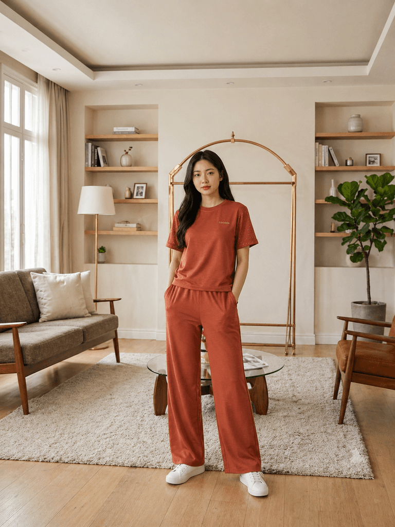 Women's Cotton Two-Piece Outfit - Apricot (L) 1