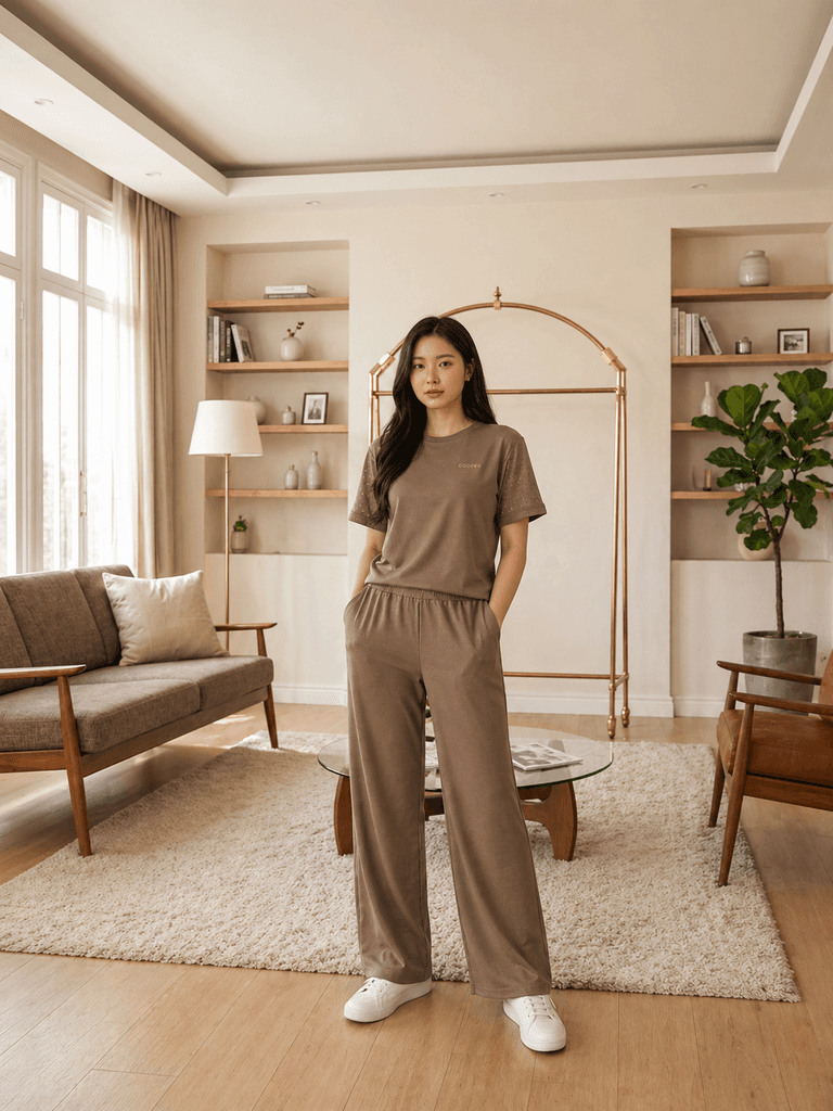 Women's Cotton Two-Piece Outfit - Light Brown (L) 1