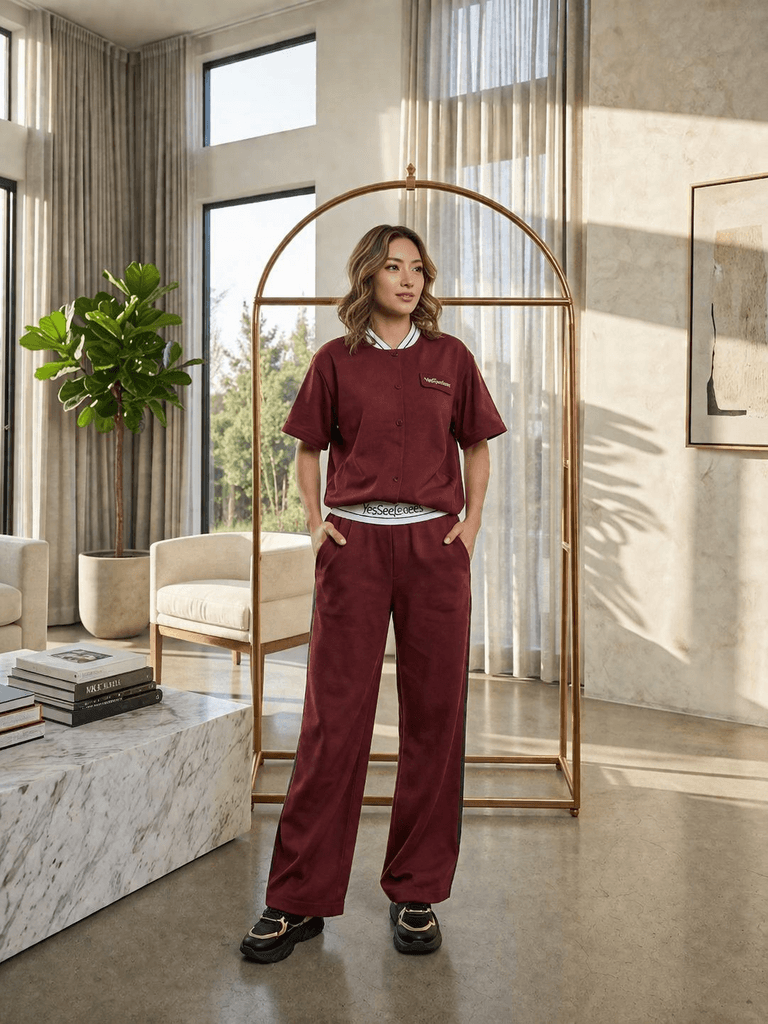 Women's Cotton Two-Piece Outfit - Dark Red (L) 1