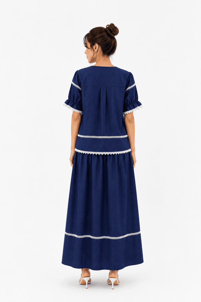 Women's Cotton Jacket & Skir Set - Navy Blue (Free Size) 2