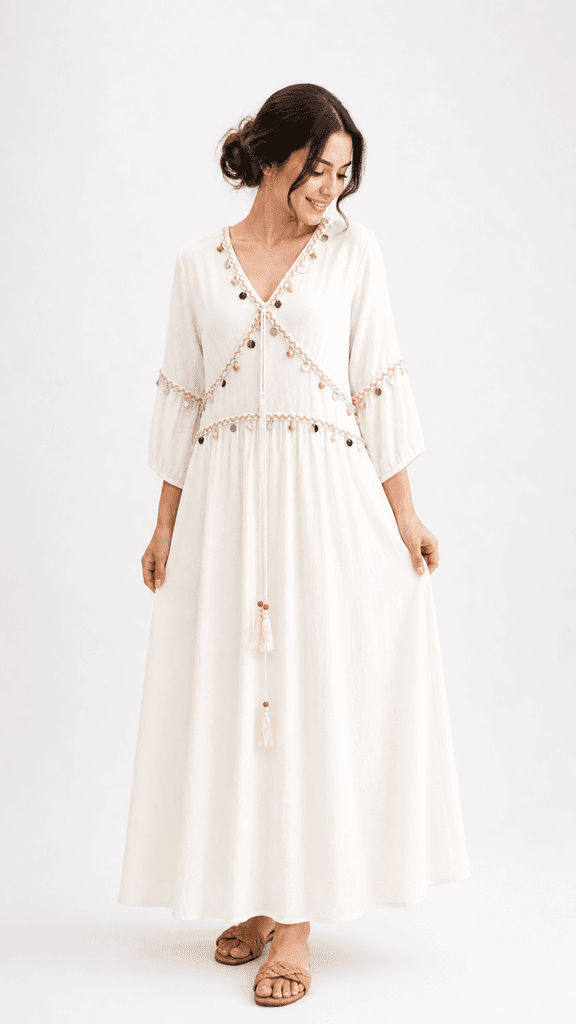 Elegant Off-white Women's Dress in Premium Natural Kham Fabric - Free Size 1