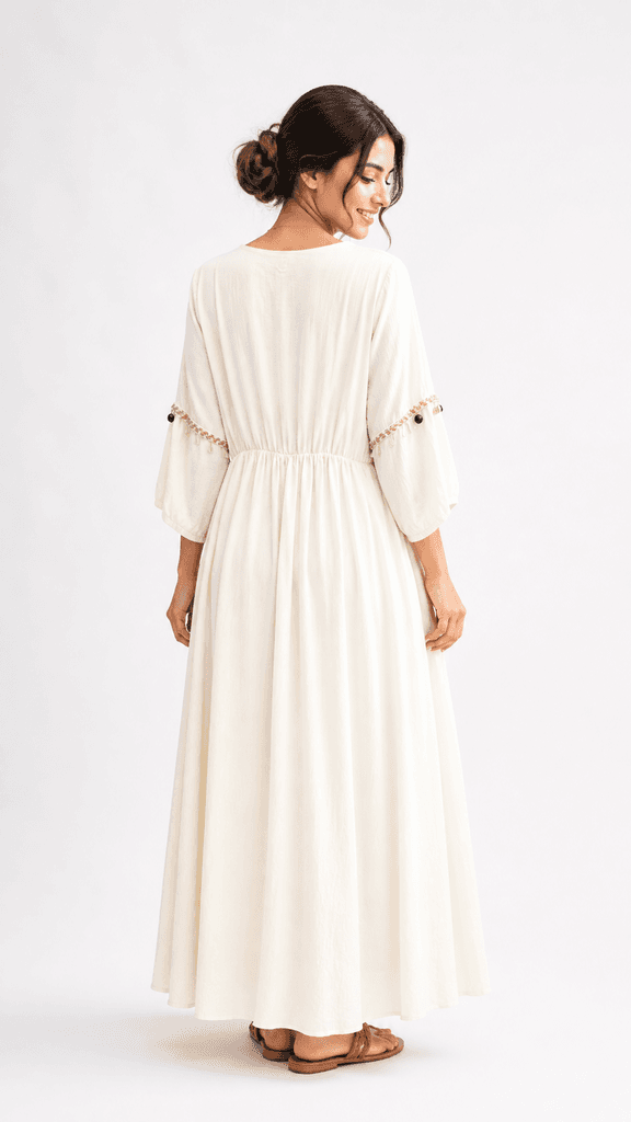 Elegant Off-white Women's Dress in Premium Natural Kham Fabric - Free Size 2