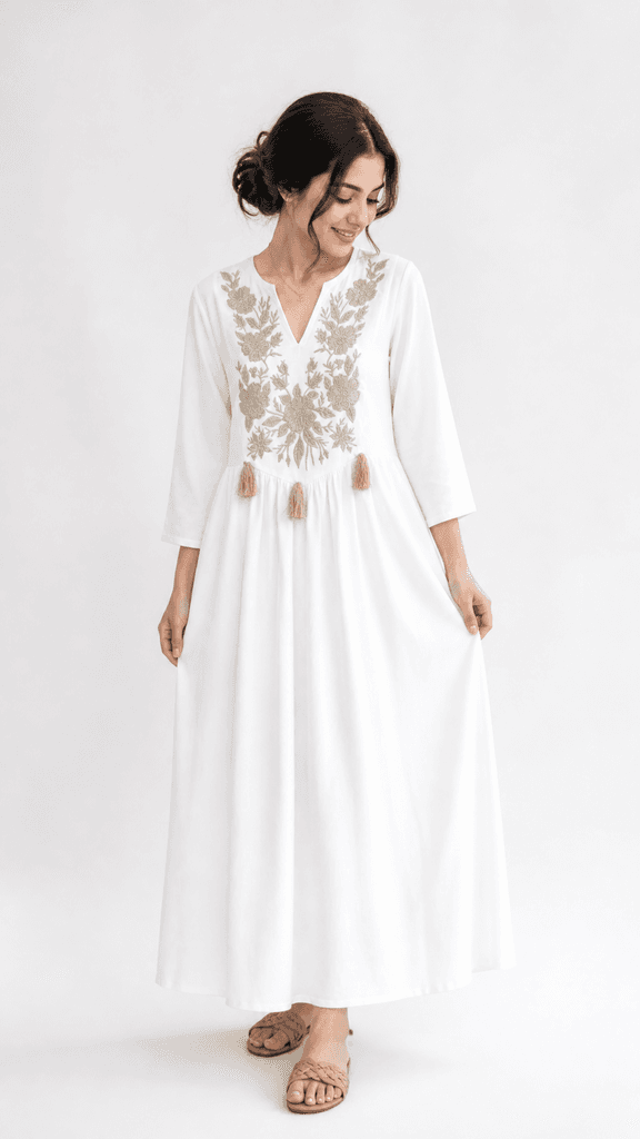 Elegant White Women's Dress in Premium Kham Raw Fabric - Free Size 1