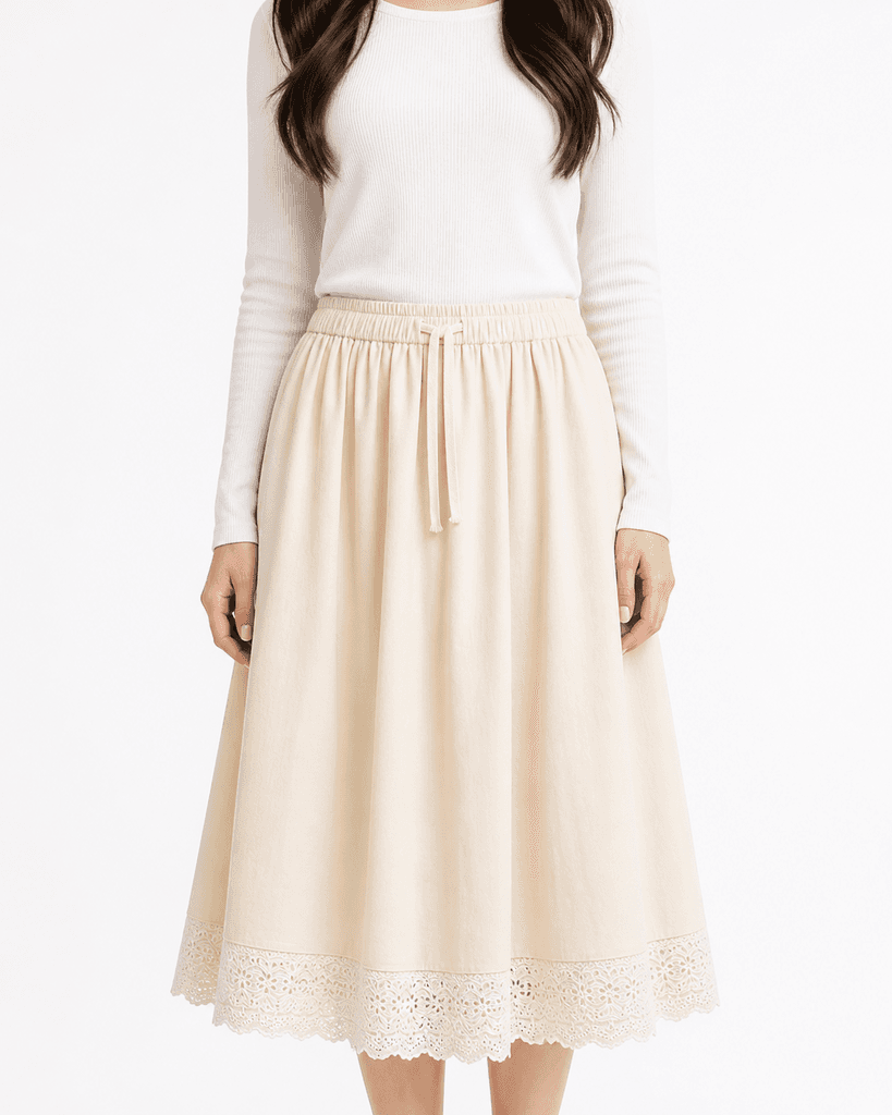 Elegant Women's Midi Skirt in Cream - Free Size 1