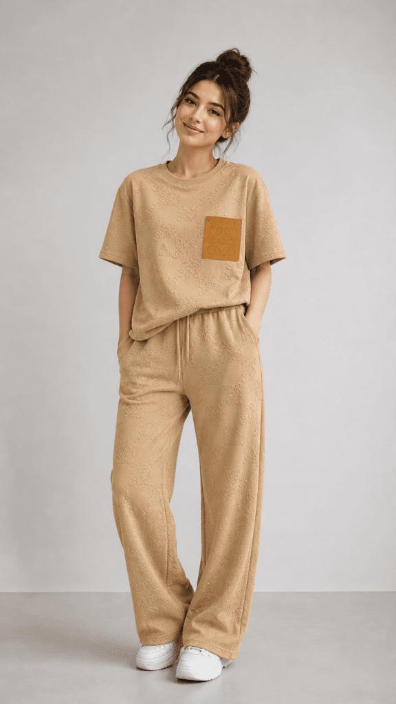 Loewe Women's Premium Cotton T-Shirt and Pajama Lounge Set - Light Brown (Free Size) 1