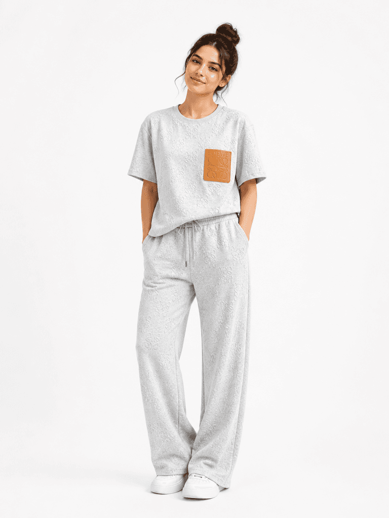 Loewe Women's Premium Cotton T-Shirt and Pajama Lounge Set - Light Gray (Free Size) 1