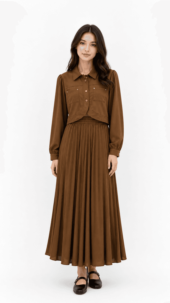 MIDUODUO Women's Premium Cotton Jacket and Pleated Skirt Two-Piece Set - Brown (Free Size) 1