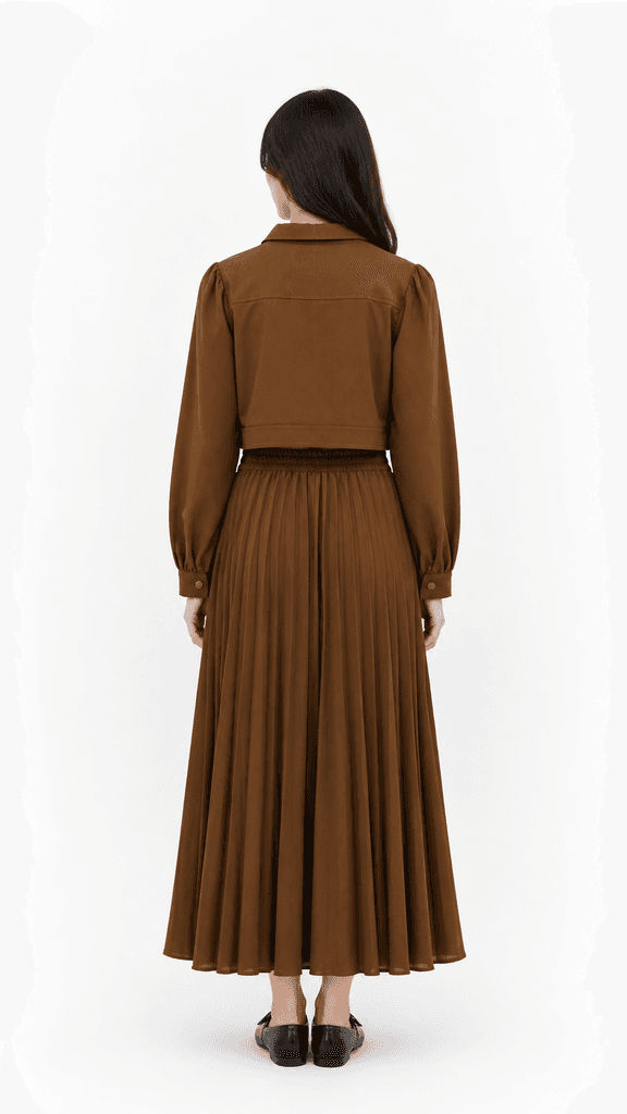 MIDUODUO Women's Premium Cotton Jacket and Pleated Skirt Two-Piece Set - Brown (Free Size) 2