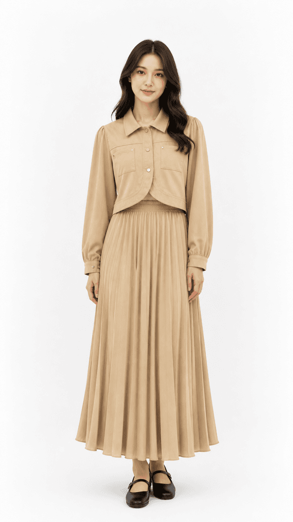 MIDUODUO Women's Premium Cotton Jacket and Pleated Skirt Two-Piece Set - Light Brown (Free Size) 1