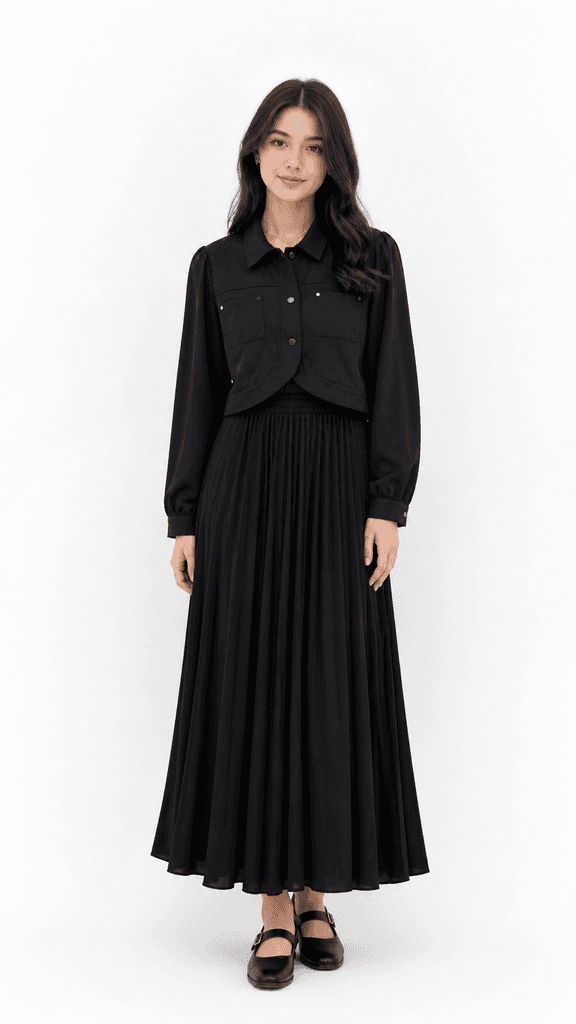 MIDUODUO Women's Premium Cotton Jacket and Pleated Skirt Two-Piece Set - Black (Free Size) 1