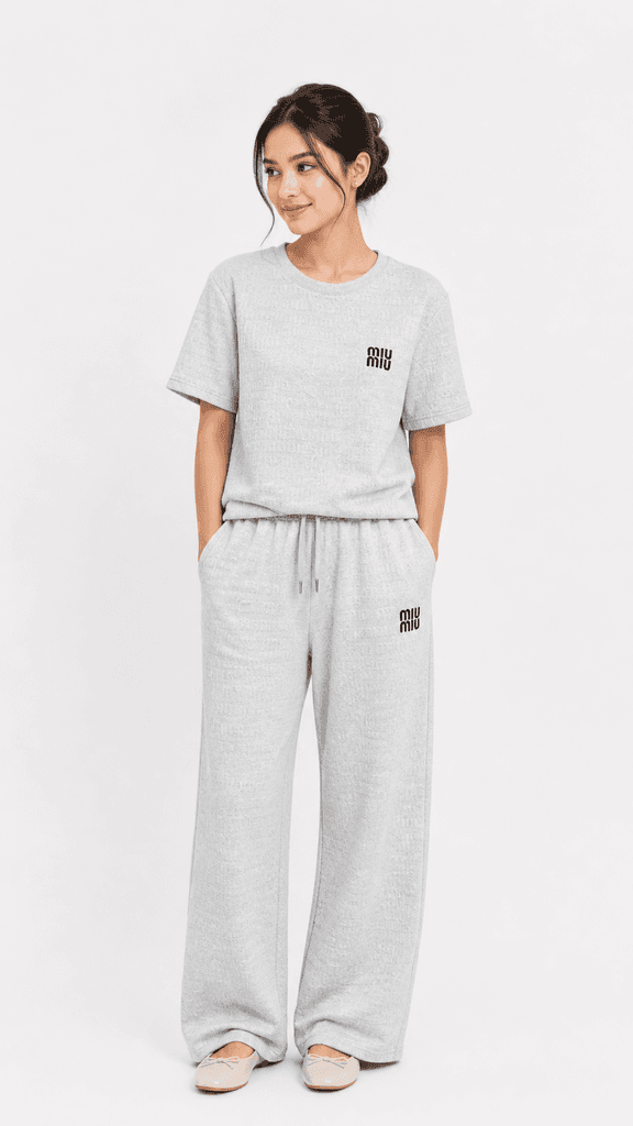 Miu Miu Women's Luxury Cotton T-Shirt and Pajama Sleepwear Set - Light Gray (Free Size) 1