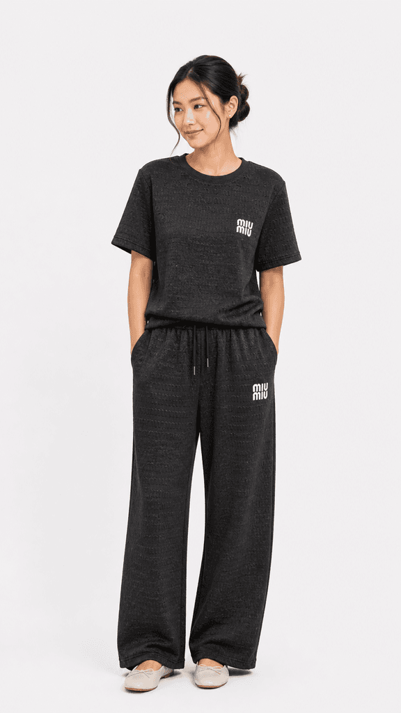 Miu Miu Women's Luxury Cotton T-Shirt and Pajama Sleepwear Set - Black (Free Size) 1