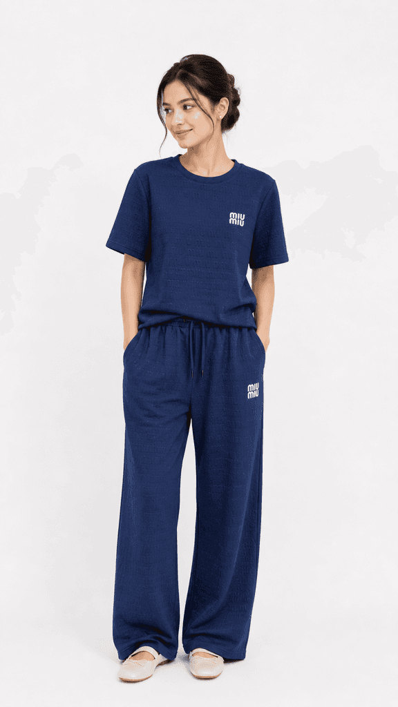 Miu Miu Women's Luxury Cotton T-Shirt and Pajama Sleepwear Set - Navy Blue (Free Size) 1