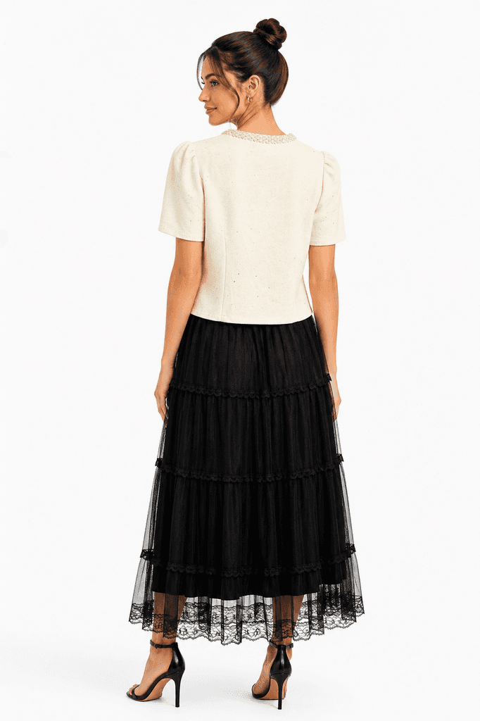 Sophisticated Women's Off-white Cotton Jacket and Skirt Two-Piece Set - Free Size 2