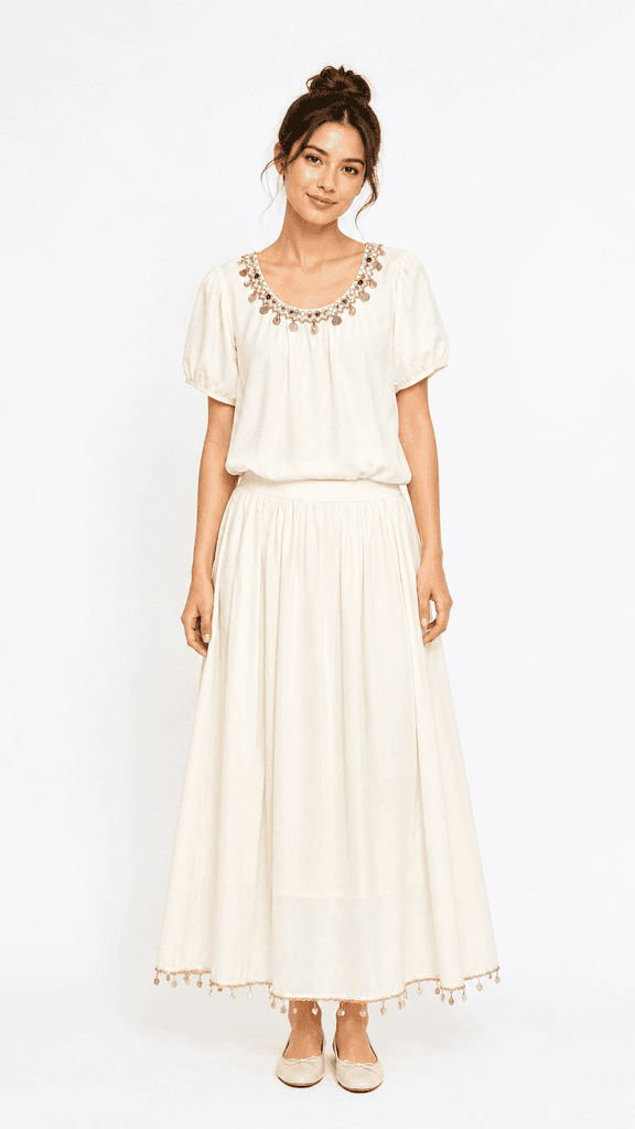 Women’s Pure Cotton Blouse & Skirt Set - Off White (M) 1