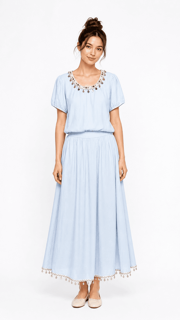 Women’s Pure Cotton Blouse & Skirt Set - Light Blue (M) 1