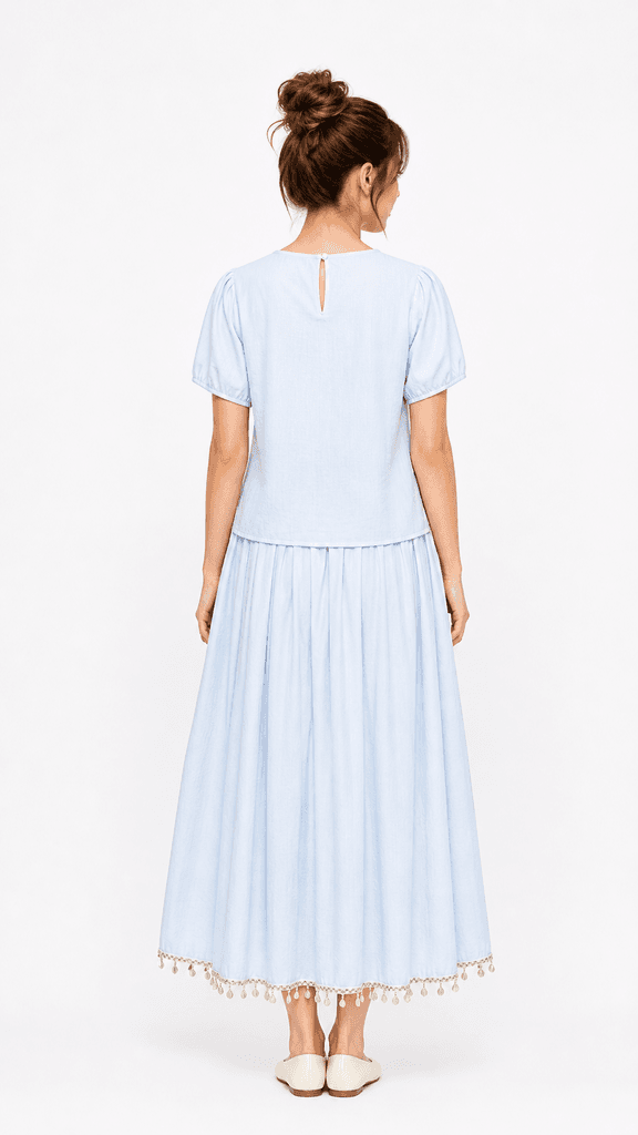 Women’s Pure Cotton Blouse & Skirt Set - Light Blue (M) 2