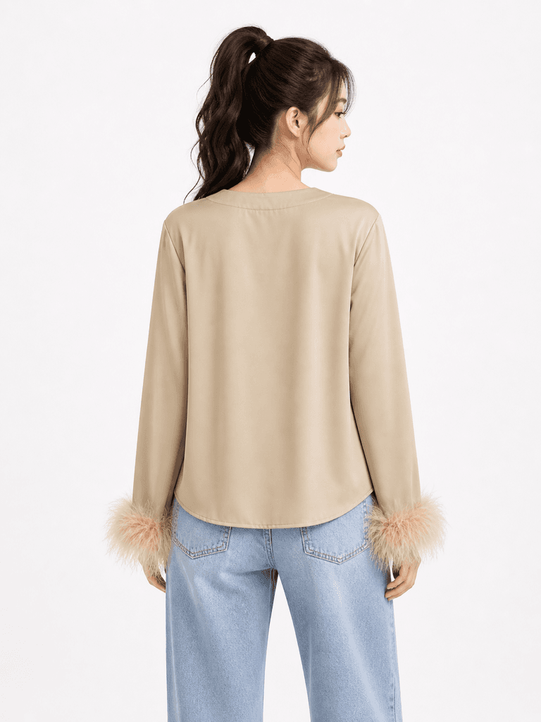 LELEFUSHI Women's Elegant Satin Blouse - Beige (Free Size) 2