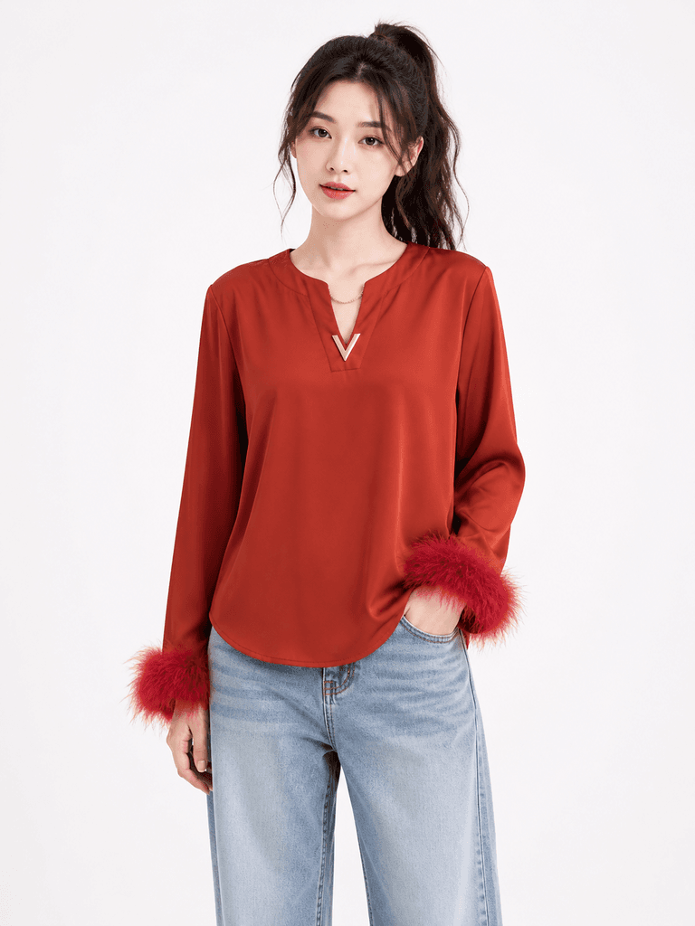 LELEFUSHI Women's Elegant Satin Blouse - Apricot (Free Size) 1