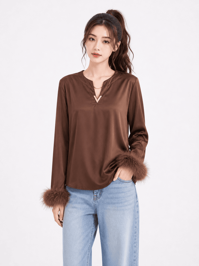 LELEFUSHI Women's Elegant Satin Blouse - Dark Brown (Free Size) 1