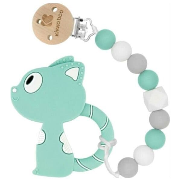 KikkaBoo Pacifier Clip with Silicone Teether Cat - Mint 1