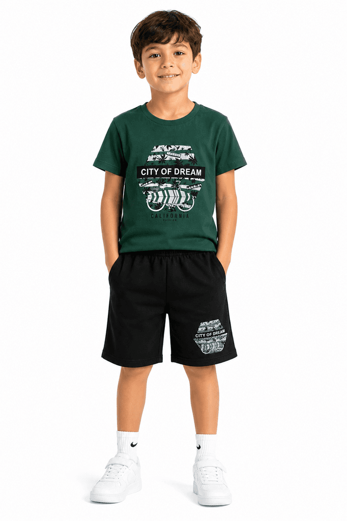 CMK Boys' Premium Cotton T-Shirt and Shorts Set - Stylish Dark Green Summer Outfit (2 years) 1