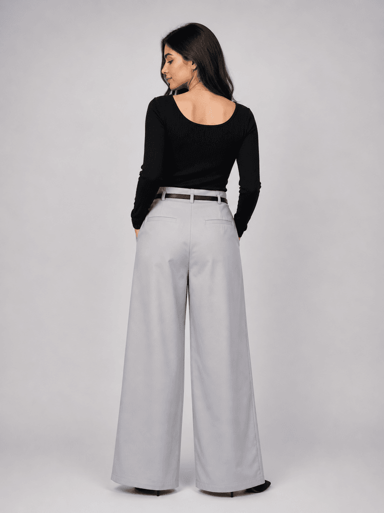 Reyon Women's Premium Cotton Light Gray Palazzo Pants - Breathable Wide-Leg Trousers 3