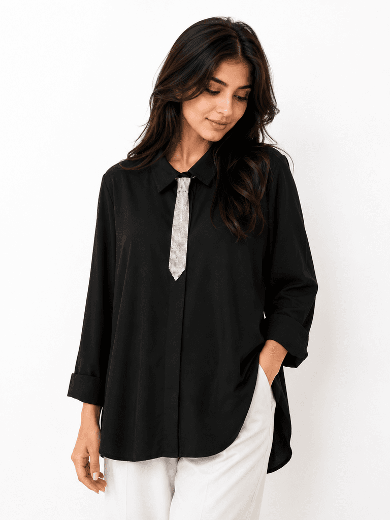 Hisset Women's Elegant Black Polyester Shirt - Chic and Versatile Everyday Blouse (Size 38) 1