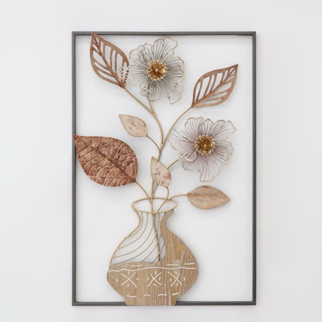 Elegant Metal Vase Of Flowers With Frame Wall Decor 1