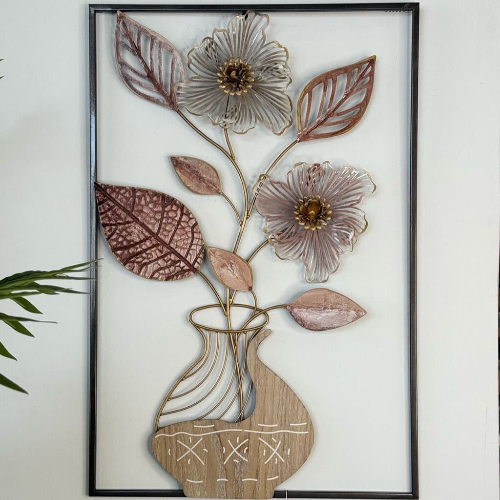 Elegant Metal Vase Of Flowers With Frame Wall Decor 2