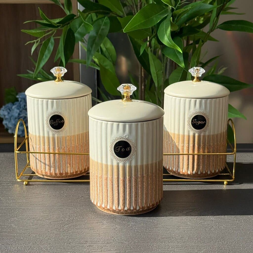 Luxury Ceramic Coffee, Sugar & Tea Storage Jar Set with Metallic Stand 1