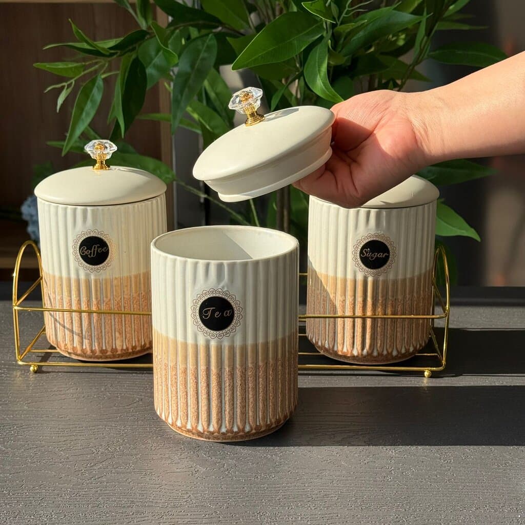 Luxury Ceramic Coffee, Sugar & Tea Storage Jar Set with Metallic Stand 4