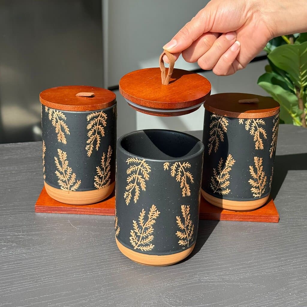 Luxury Ceramic Storage Jar Set with Wooden Lids & Stand 2
