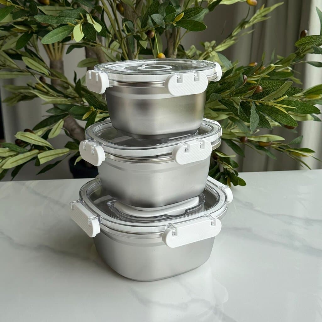 3 PCS – Elegant Airtight Silver Stainless Steel Bowl Set with Lids 3