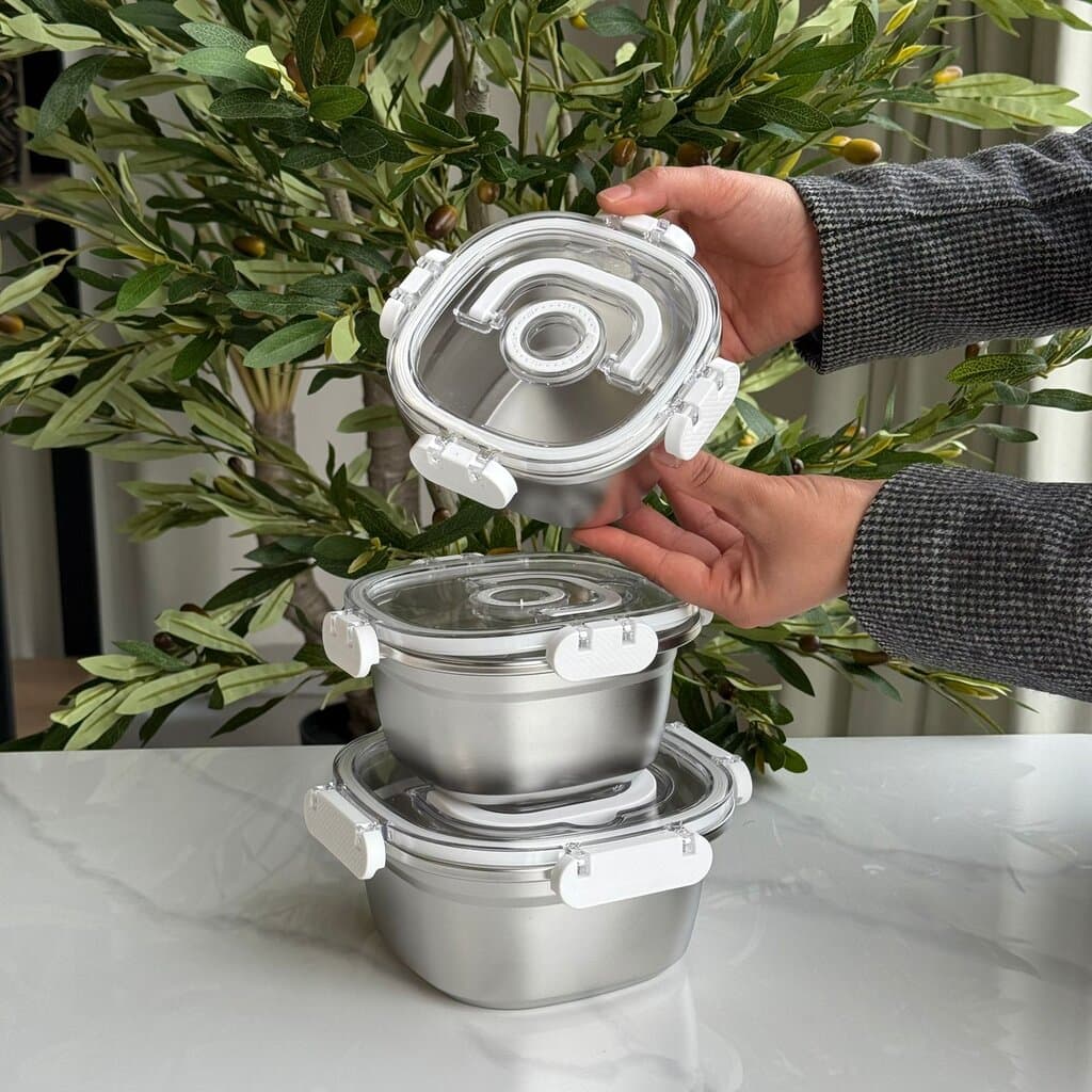 3 PCS – Elegant Airtight Silver Stainless Steel Bowl Set with Lids 4