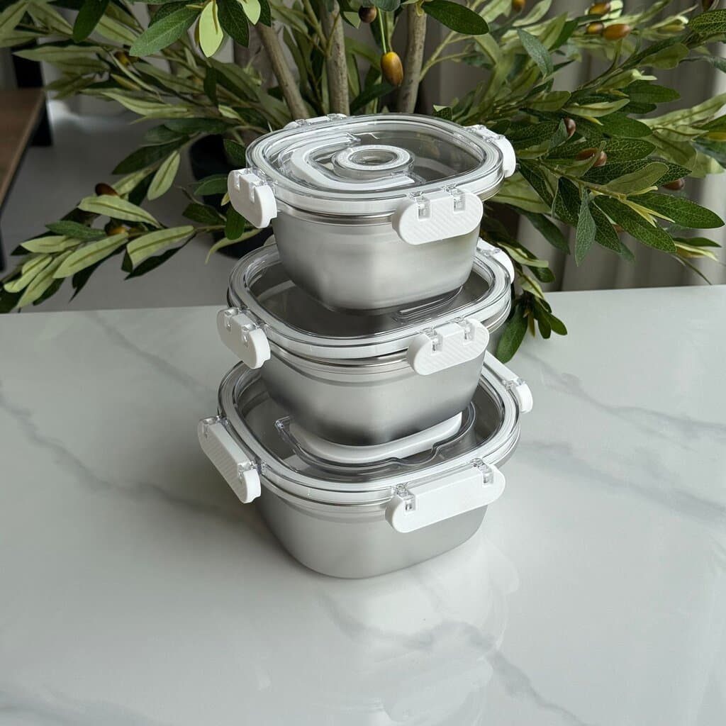 3 PCS – Elegant Airtight Silver Stainless Steel Bowl Set with Lids 7