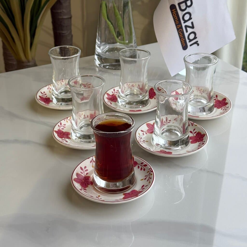 Double-Wall Tea Glass & Floral Saucer Set 3