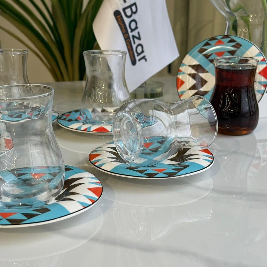 Clear Tea Glass & Decorative Saucer Set 6
