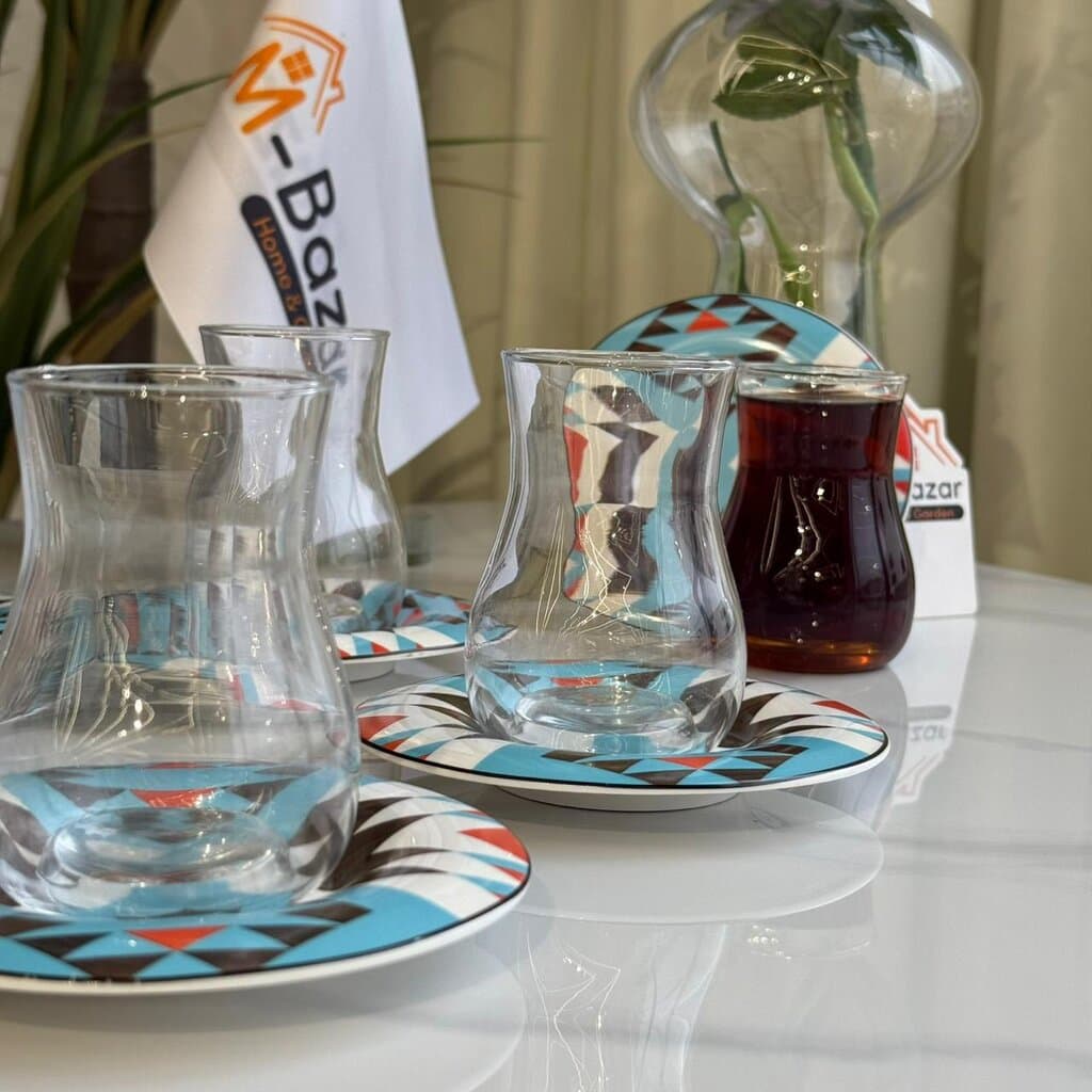 Clear Tea Glass & Decorative Saucer Set 8